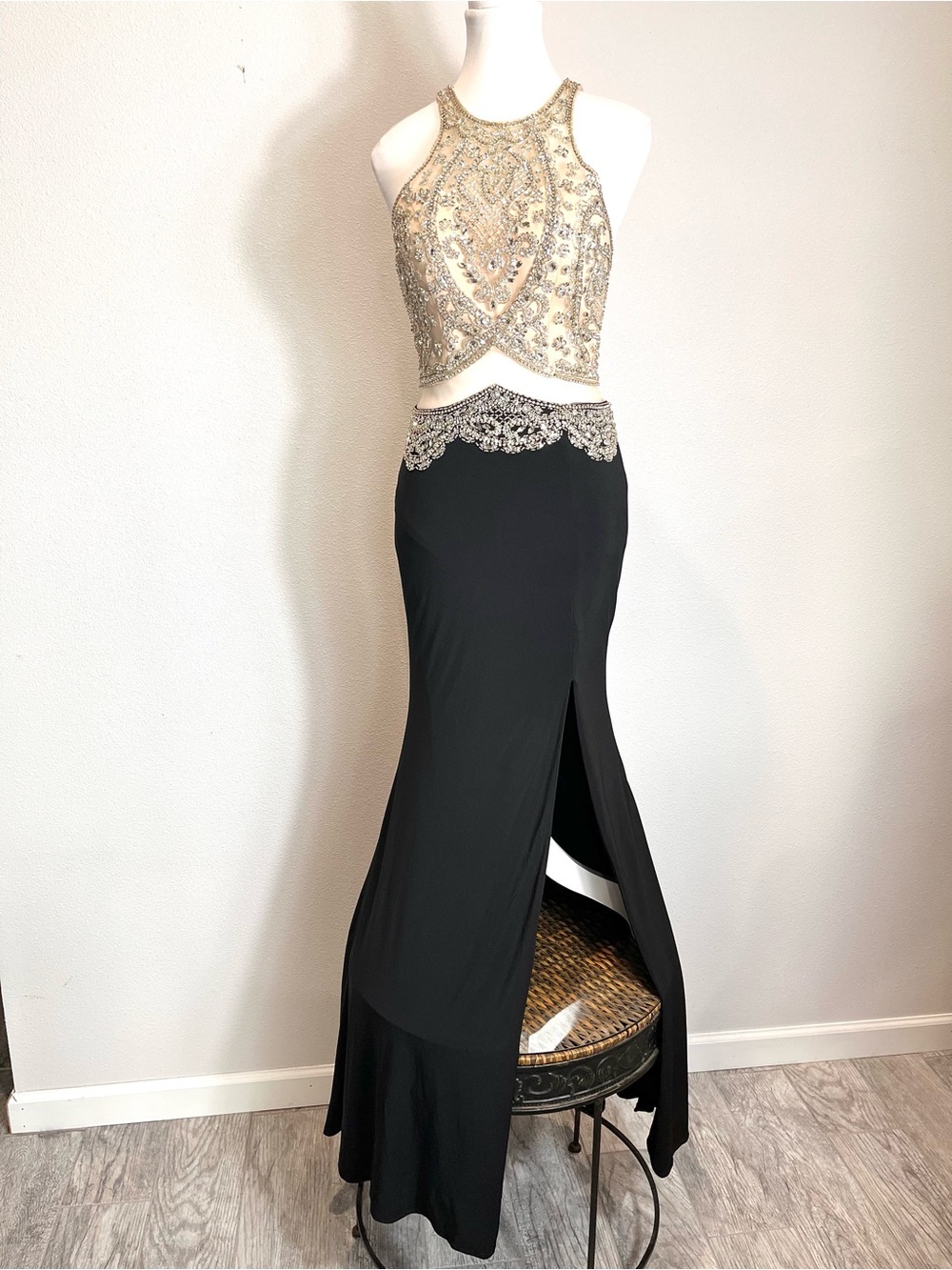 Aspeed Design Illusion Two Piece Look Beaded Prom Dress Black Silver XS